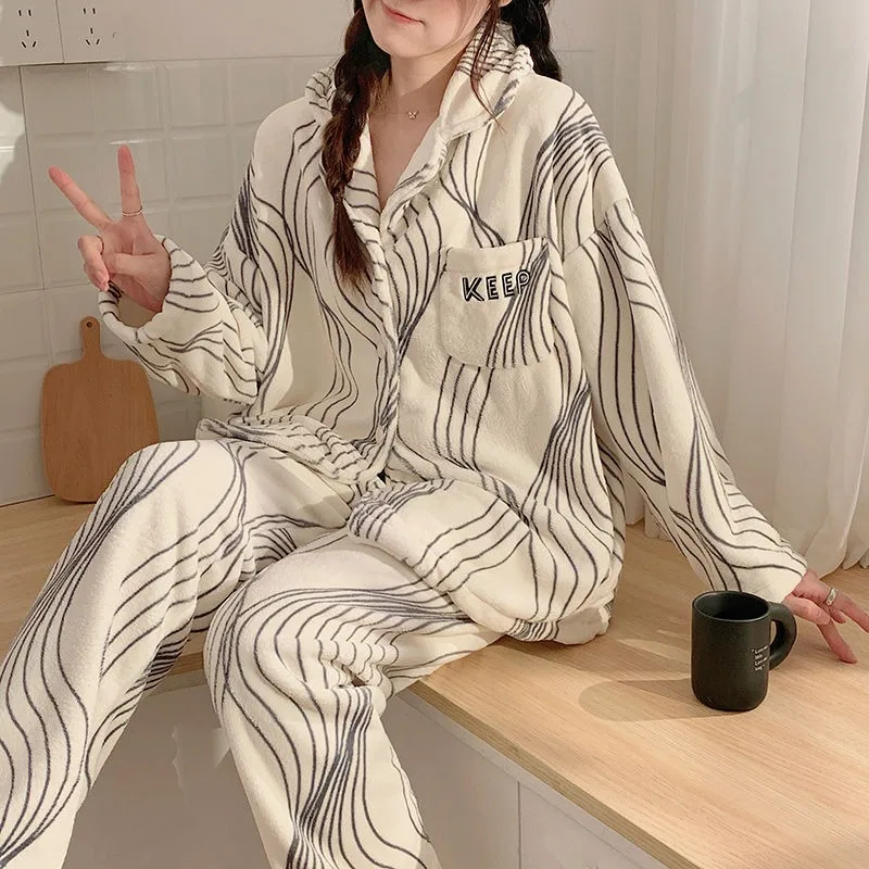 cotton pajamas women s long sleeve fresh and cute thin two piece suit womens two piece sets pajamas Winter New Women Pajamas Flannel Simple Cardigan Long Sleeve Trousers Homewear Two-Piece Female Thermal Loose Nightclothes Sets