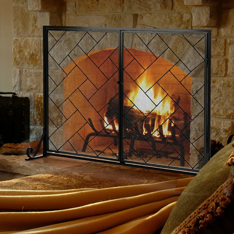 

3-Panel Folding Wrought Iron Fireplace Screen with Doors and 4 Pieces Tools Set Protect Kids and Little Puppies From Fire