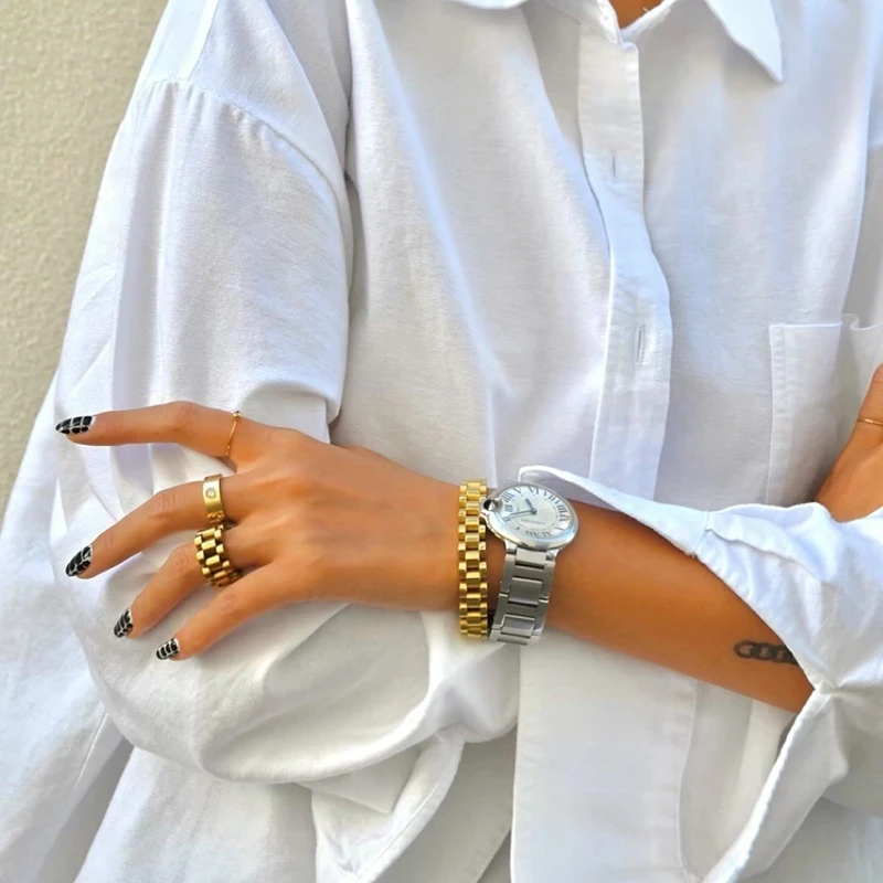 Peri'sbox Solid Gold Color Bold Wide Thick Ring for Women Chunky Link Chain Titanium Steel Strap Finger Rings Jewelry, gold color rings, finger ring, gold color ring, chain ring