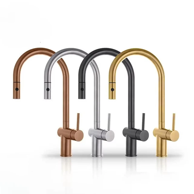 ก๊อกน้ำห้องครัวสีโรสโกลด์ขัดเงา สแตนเลส 304 แบบดึงออกได้ พร้อมหัวฉีดน้ำร้อนน้ำเย็น 1