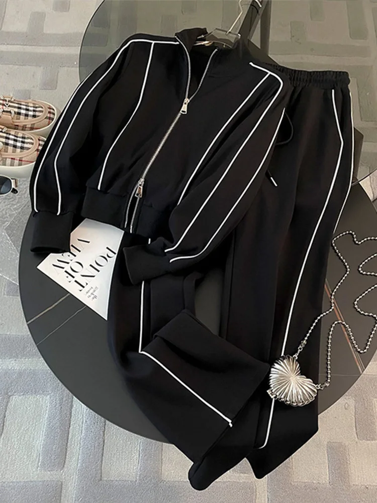 Women's Tracksuit Contrast Zipper Full Sleeve Jackets High Wasit Drawstring Straight Pants Female Suits 2025 Spring Lady Outfits 5