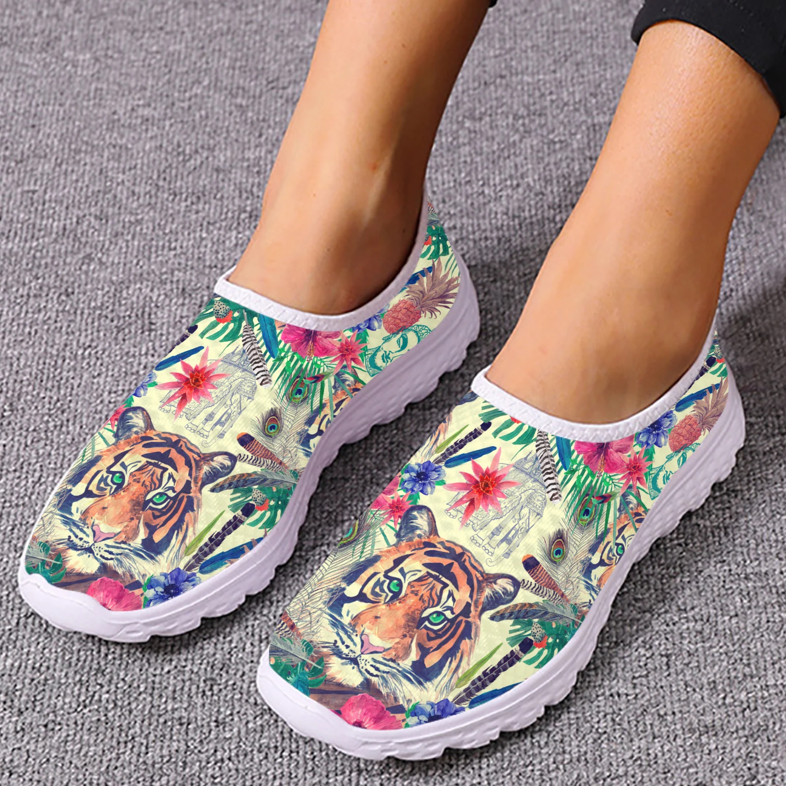 Instantarts Fashion Tiger Jungle Design Outdoor Breathable Shoes Cartoon Tiger Print Shoes Light Home Flat Shoes Mesh Sneakers