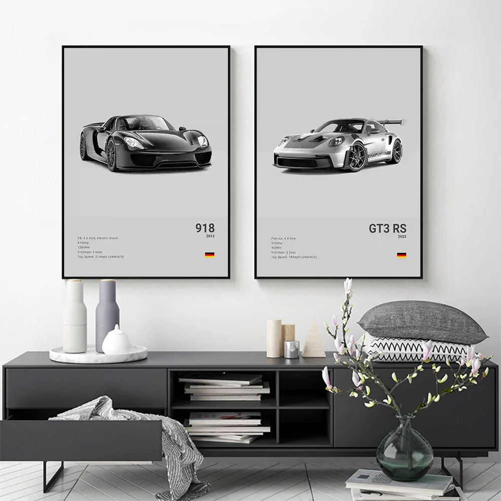 흑백 독일 럭셔리 럭셔리카 로고 포스터 인쇄 벽 아트 911 GT3 RS 터보 HD 캔버스 페인팅, 차고 거실 홈 데코