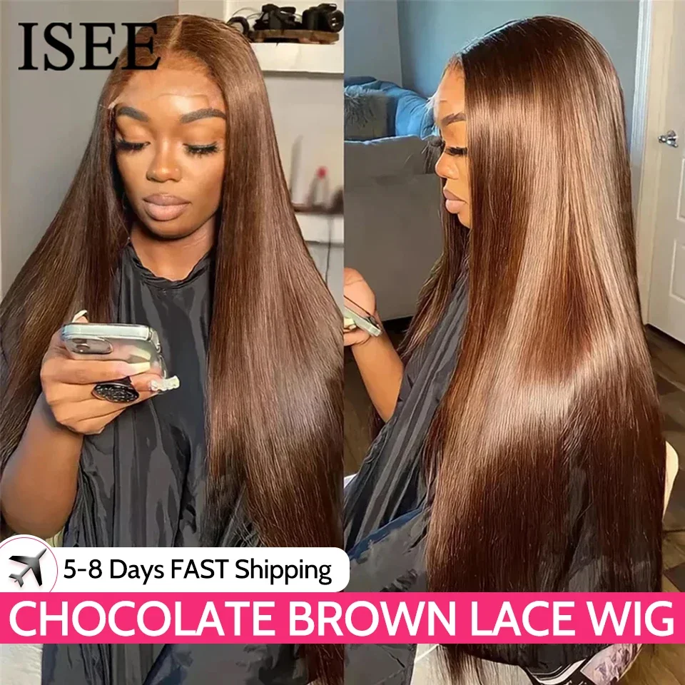 ISEE Hair Wig Brazilian Straight Chocolate Brown Lace Front Wig 13x4  Colored Wig Human Hair 4x4 Closure Wig On Sale Clearance