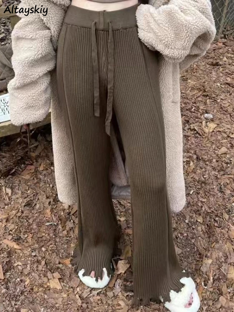 

Женские трикотажные брюки с высокой талией, мягкие теплые повседневные брюки с кисточками в Корейском стиле, Y2k, шикарные зимние брюки на шнуровке для девочек
