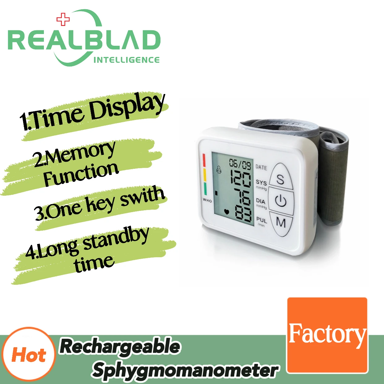 REALBLAD Manufacturer High Quality Portable Sphygmomanometer Fully Automatic Wrist Type Digital Blood Pressure