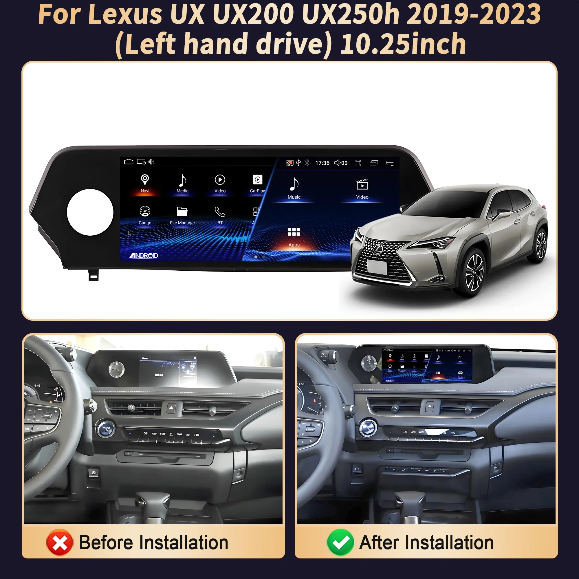 10,25 "con volante a la izquierda para Lexus UX UX200 UX250h 2019-2023 Radio de coche inalámbrico CarPlay Multimedia pantalla Snapdragon 680 2