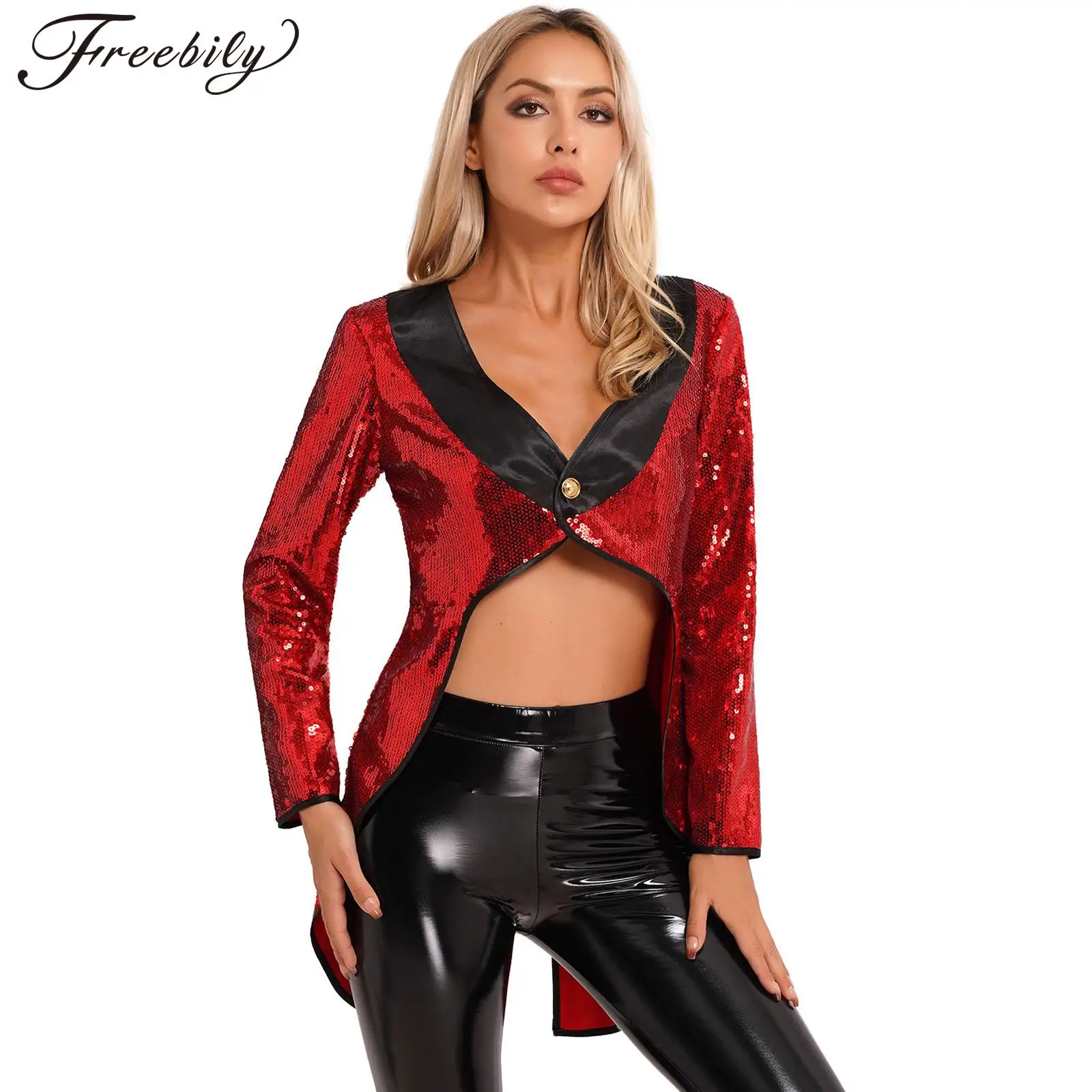 

Womens Halloween Magician Circus Ringmaster Cosplay Costume Shiny Sequin Tailcoat Jacket Theme Party Dressup Performance Clothes