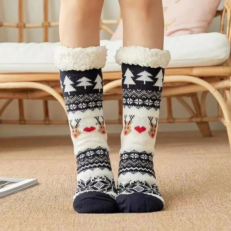 

Christmas Fuzzy Fluffy Socks Women Winter Plush Soft Floor Female Anti Slip Non Grip Slippers Short Sock Deer Elk New Gift