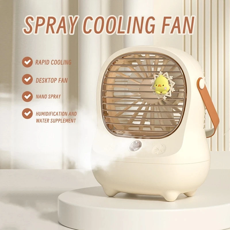 

Cute Mini Desk Fan Rechargeable Desktop Quiet Fan Wireless Portable Home 3-speed Electric Fan With Air Humidifier Water Sprayer