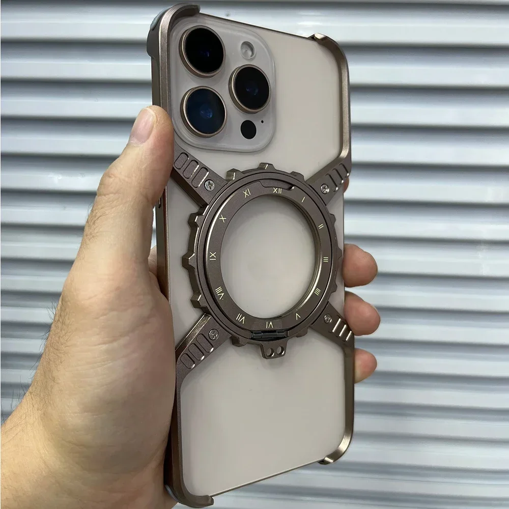 Metal Magnetic Case For iphone 16 Pro Max Cover 16 Plus 15 14 13 Aluminum Alloy Rimless Bumper Built-in 360° Invisible Holder 3