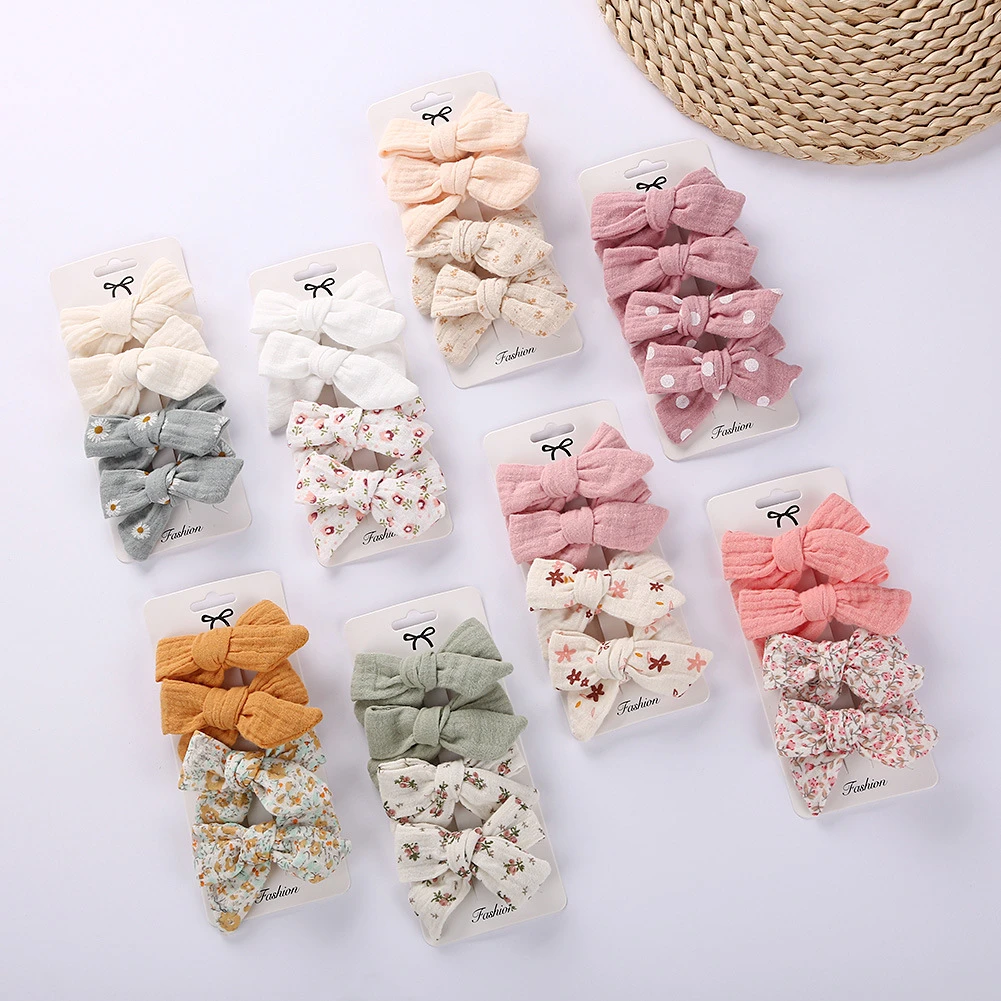 best Baby Accessories 4Pcs/Set Baby Bow Hair Pin Clips Muslin Girls Hairpins Hairclip For Kids Cotton Linen Barrette Flower Print cute baby accessories