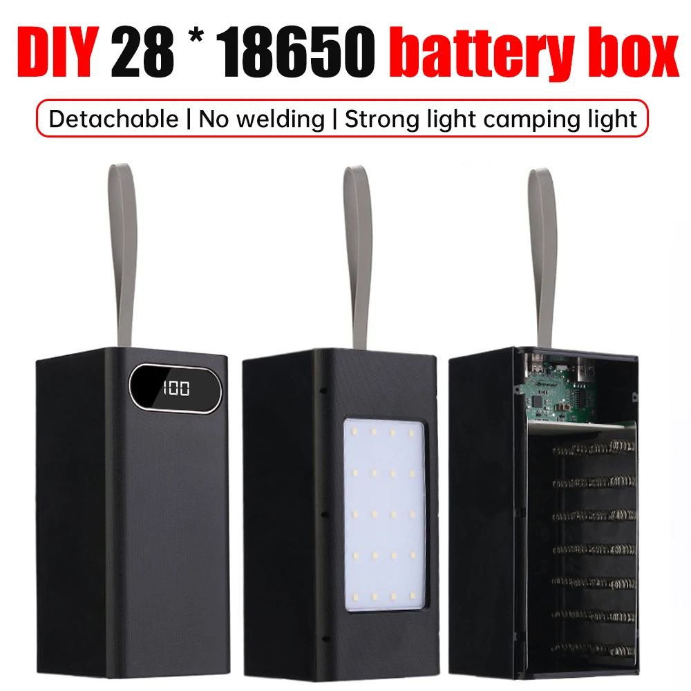 

DIY 28 X 18650 Battery Storage Box Super Fast Charging Power Bank Case USB 5V2.1A 10W Storage Powerbank Box with Camping Light