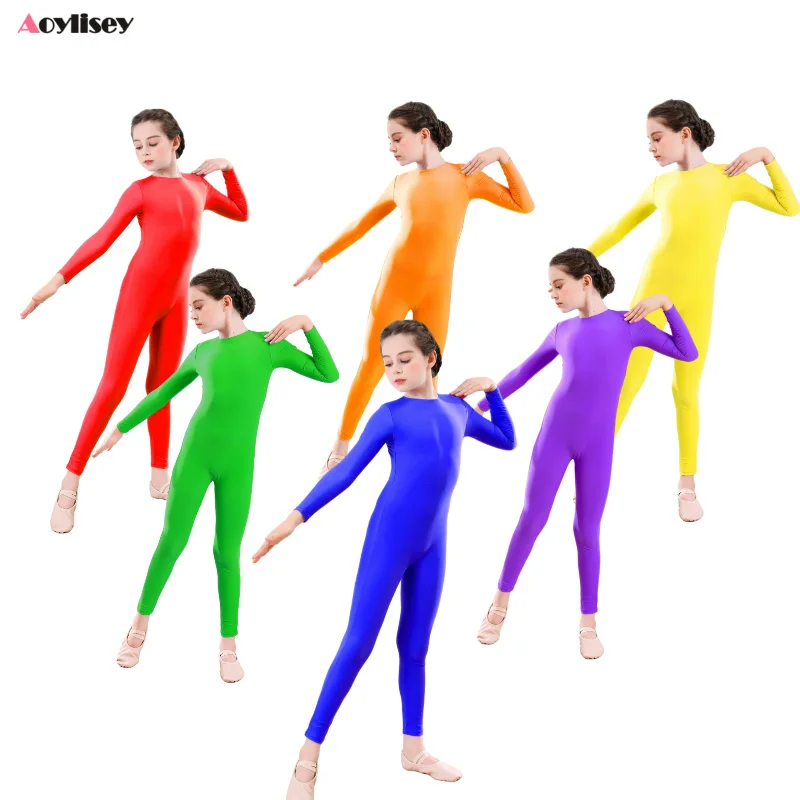 AOYLISEY 걸스 댄스 유니타드, 어린이 발레 스케이트 체조 전신 레오타드, 블랙 긴 소매 바디 수트, 어린이 점프수트..