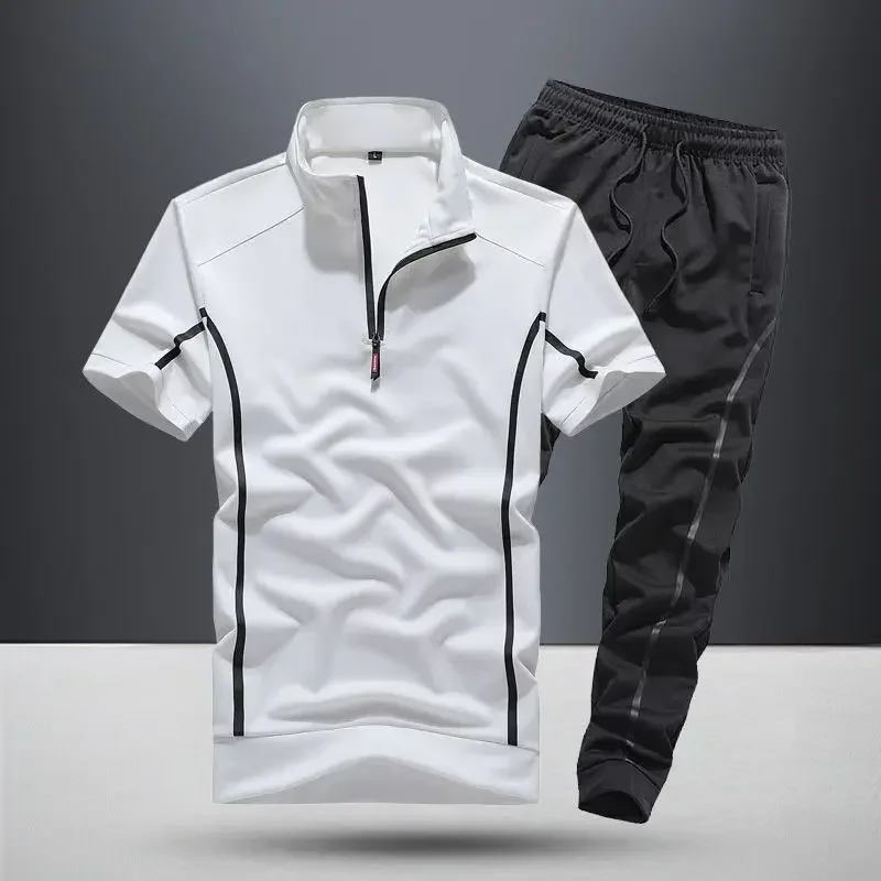 thumbnail image 1 of Conjunto de pantalones deportivos lisos para hombre, conjunto de camiseta y pantalones de nailon negro para hombre, conjuntos de dos piezas coreanos de lujo y elásticos sueltos, talla 5xl y xl, 1 of 4