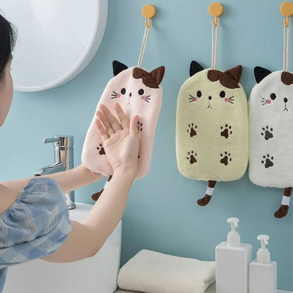 

1Pcs Super Absorbent Hanging Type Cat Embroidered Towelette Home Decora Dual Purpose Coral Velvet Hand Towel Bathroom Supplies