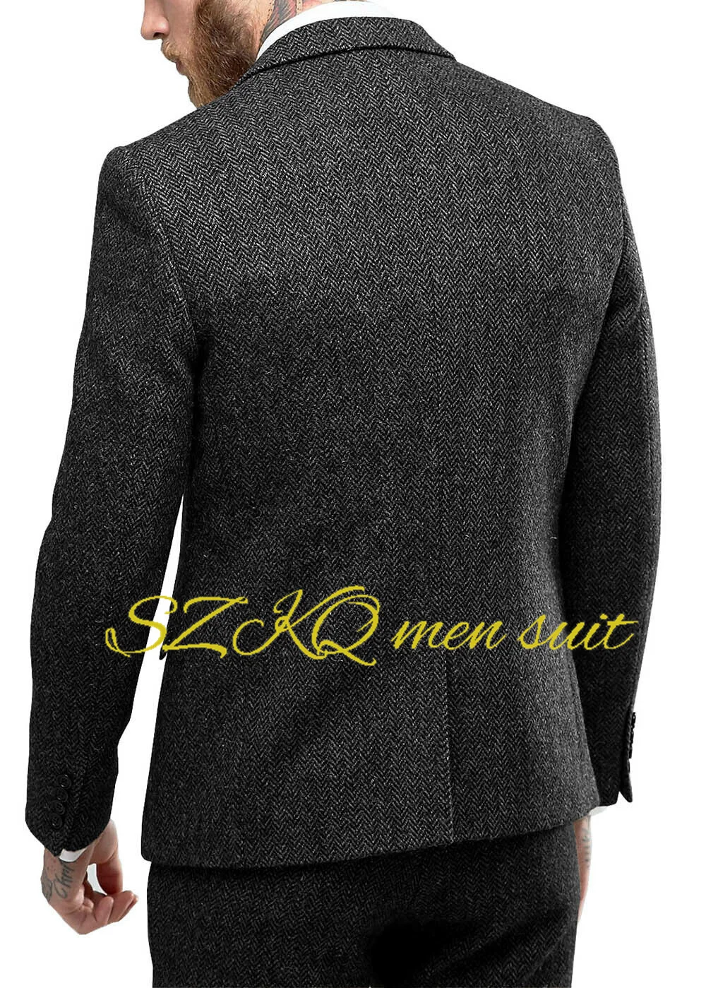 Dark Gray Men's Business Suit 3-piece Formal Herringbone Jacket Pants Vest Wedding groom tuxedo