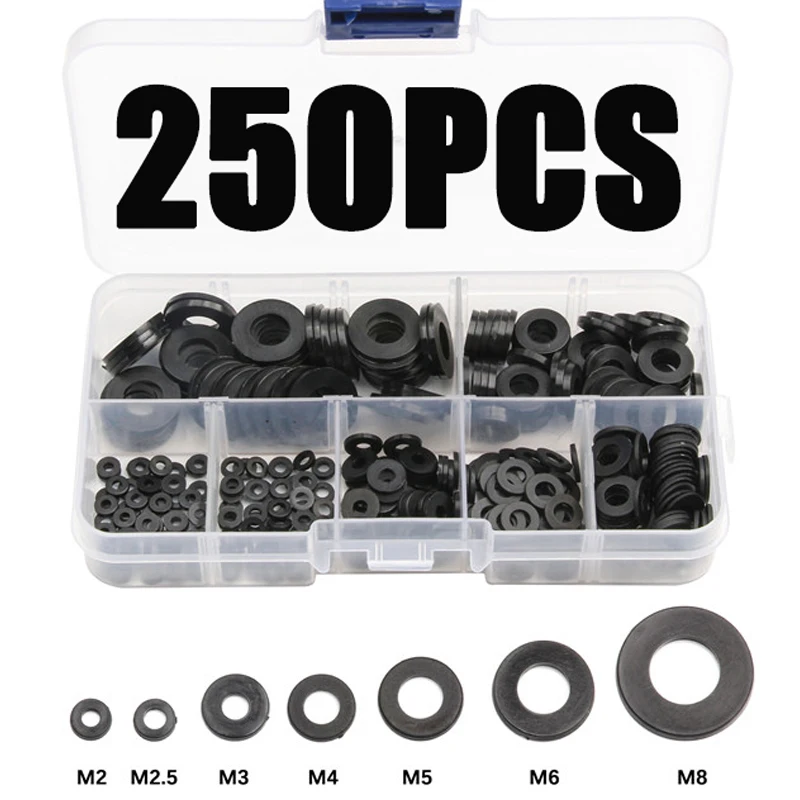 

250PCS Nylon Washers M2 M2.5 M3 M4 M5 M6 M8 Nylon Washers Plastic Insulation Spacers Seals Black White Set Gasket Ring Kit