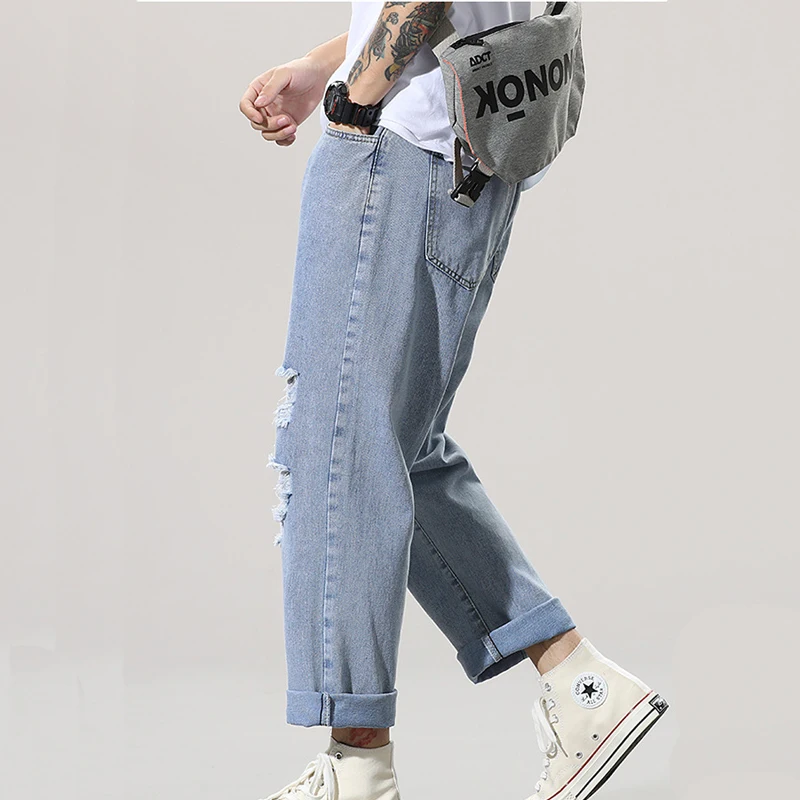 Jeans Men's Loose Straight-Leg Korean Version Of The Trend Hole Beggar Old Tide Brand Ankle-Length Pants Hollow Out Hip Hop