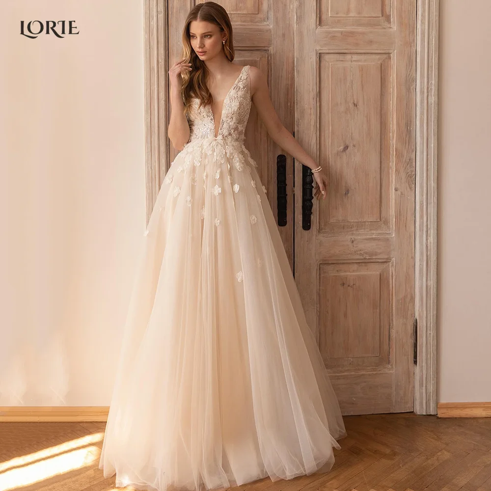 

LORIE Lace Princess Wedding Dresses Low-Cut V-Neck Sleeves A-Line Bridal Gowns Boho Appliques Bride Dress Free Shipping 2022