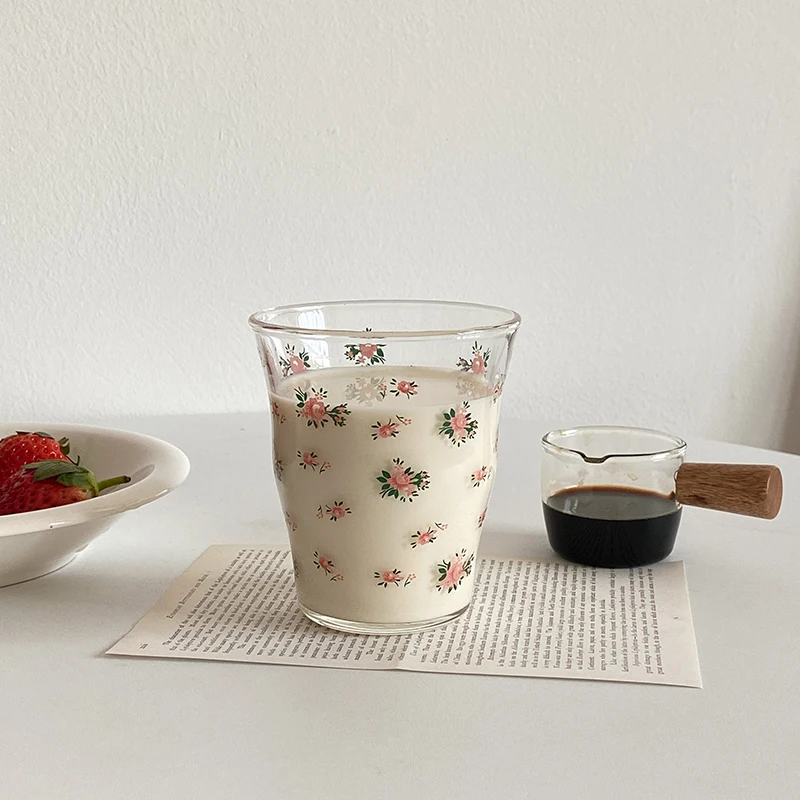 Glass Cup Rose Printed Milk Coffee Cups Household Couple Water Mug Teacup Heat Resistance Thicken Drinkware