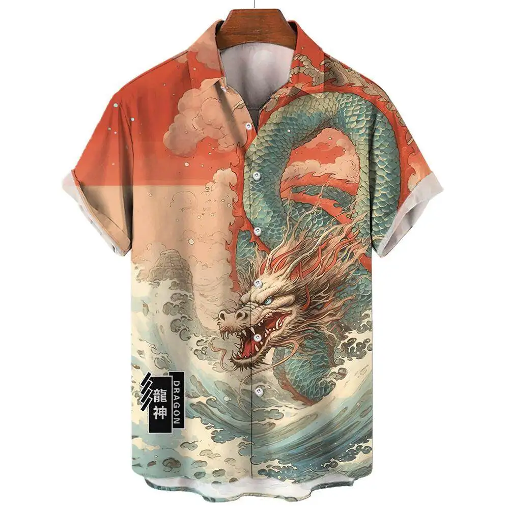 Chinese Mythology Dragon Print Summer Men's Casual Short-sleeved Shirt Street Hip-hop Trend Tops Oversized T-shirt Size S-5XL 6
