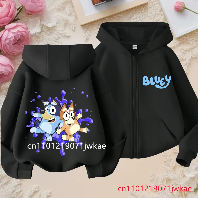 Blueys Bingo 키즈 코트 봄 가을 패션 캐주얼 후드 티셔츠 소년 소녀 귀여운 애니메이션 지퍼 긴 소매 생일 선물