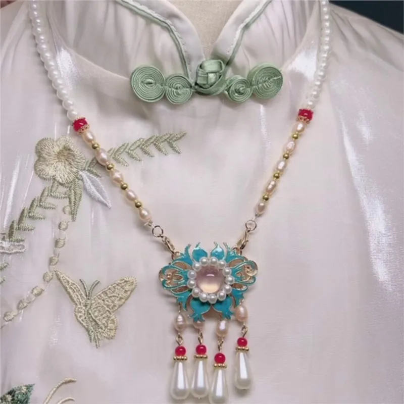 

Hanfu Ming Cheongsam Ethnic Style Ancient Style Hair Ornament Headdresses Back Clouds Imitation Emerald Pearls Necklaces Yingluo