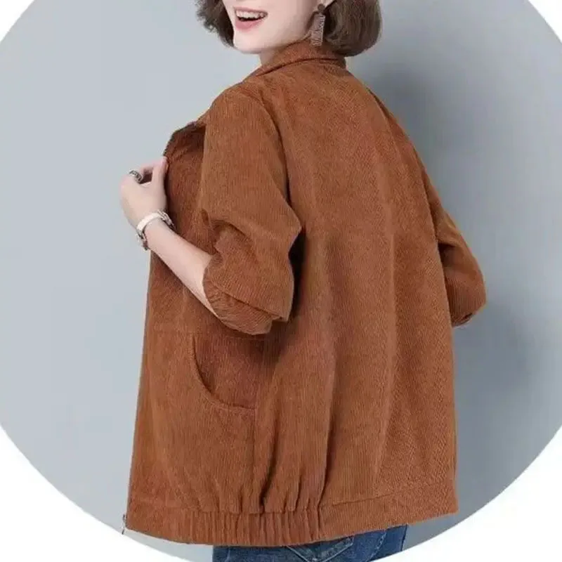 Spring Autumn Solid Corduroy Zipper Loose Coats Women Casual Fashion Pockets Simple Jackets Cardigan