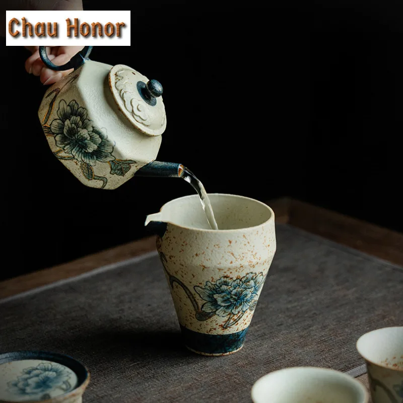 125ml Blue And White Flint Red Octagonal Teapot Handmade Gold Drawing Peony Flower Pot Tea Maker Kettle Kung Fu Teaware Gift