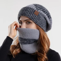 Winter Hat Scarf Sets for Women 2022 Bicolor Knit Beanies Women Thick Plush Snood Scarf Bonnets Winter Cap Snood Sets