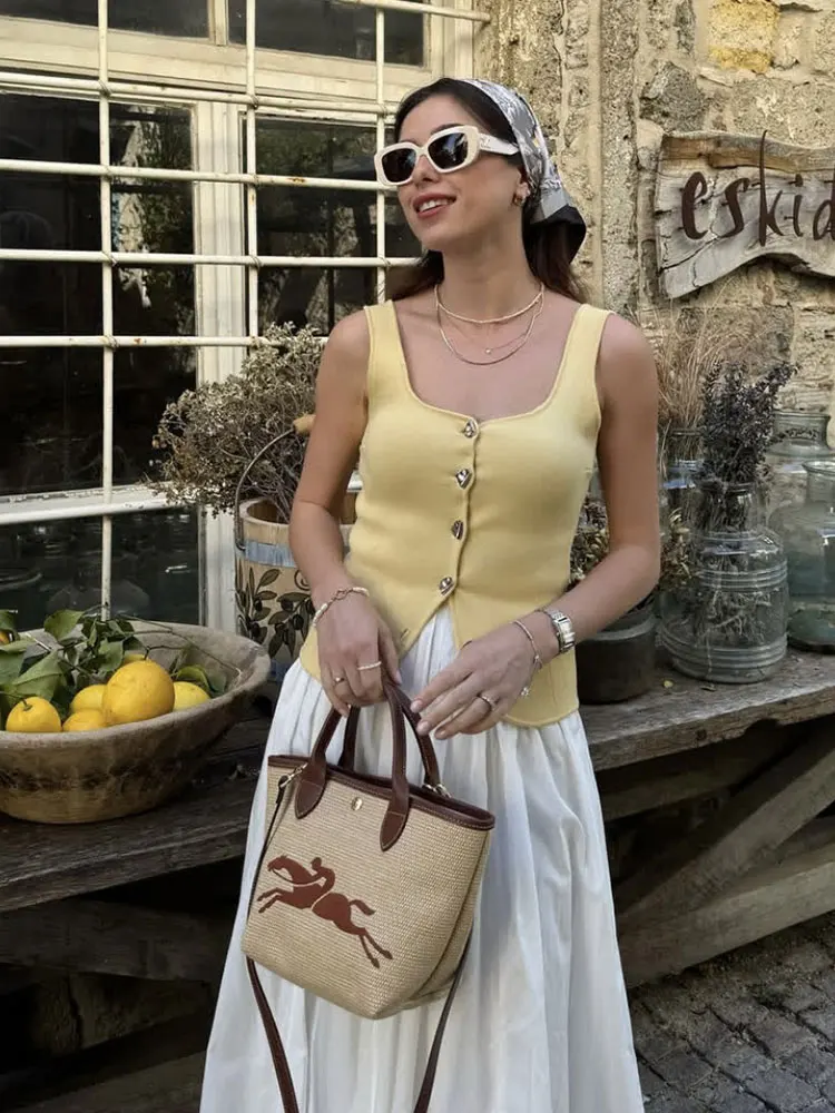 HH Women Fashion Yellow Knitted Vest O Neck Single-Breasted Tank Tops Loose Casual Camis 2025 Summer Casual Female Chic Top