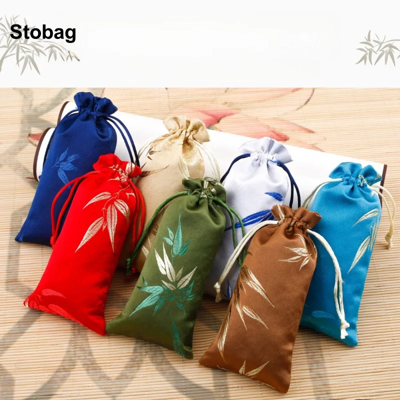 

StoBag 5pcs Chinese Long Silk Drawstring Bag Cloth Sachet Gift Jewelry Package Storage Bundle Pocket Reusable Pouch Portable