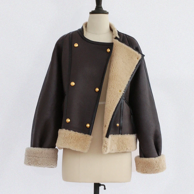 Lady Wool Shearling Leather Jackets Genuine Sheepskin Short Coat Luxury Fashion Overcoat Streetwear 2022 New Winter MH5045L