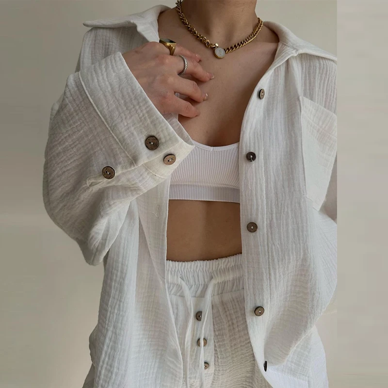 

Casual Loose Cotton Linen Outfit Fashion High Street Women 2 Piece Set Fall Turn-down Collar Button Cardigan Shirt + Shorts Suit