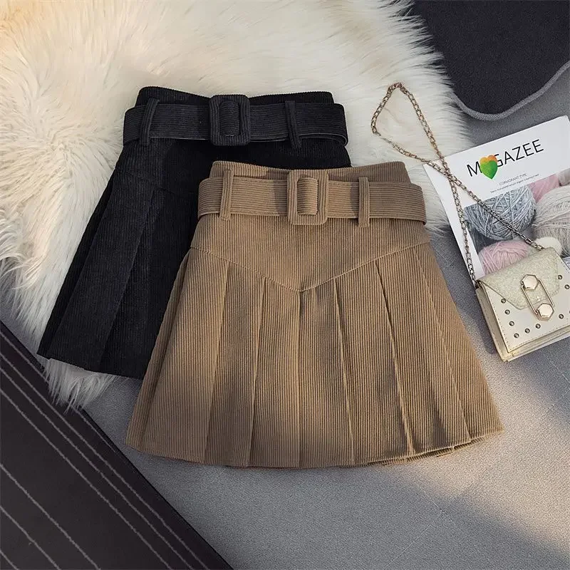 Vintage Corduroy Pleated Skirt Women Korean Style Cute Brown High Waist A-line Mini Skirts Autumn Winter Sexy Short Skirts
