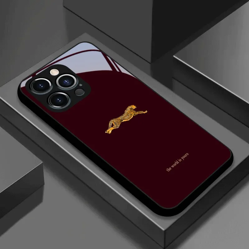 Stylish Wine Red Leopard Pattern Phone Case with Glass Silicone Frame
