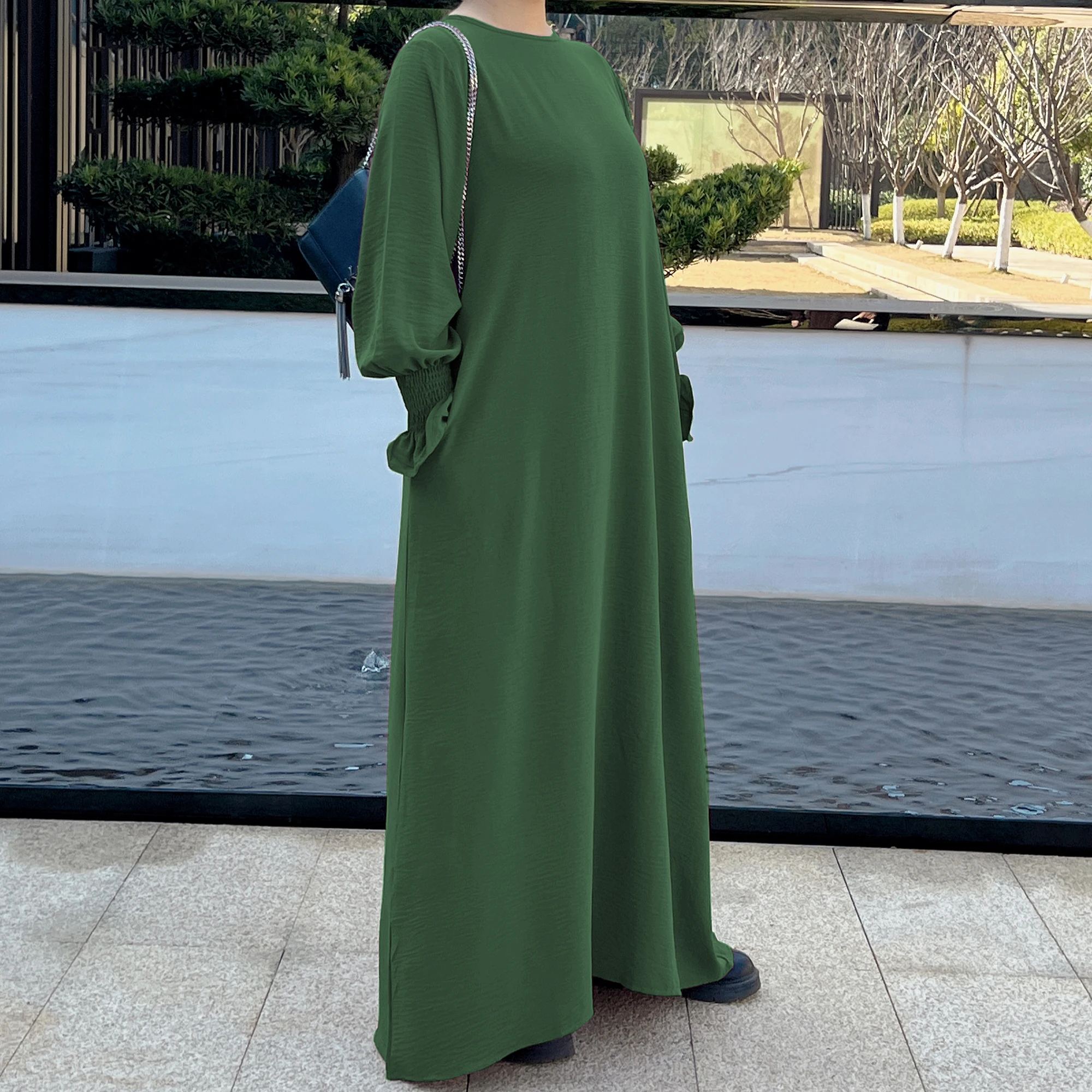 Ramadan Solid Crew Neck Shirred Cuff Abaya, Elegant Long Sleeve Simple Maxi Dress, Women's Clothing Kebaya Kaftan