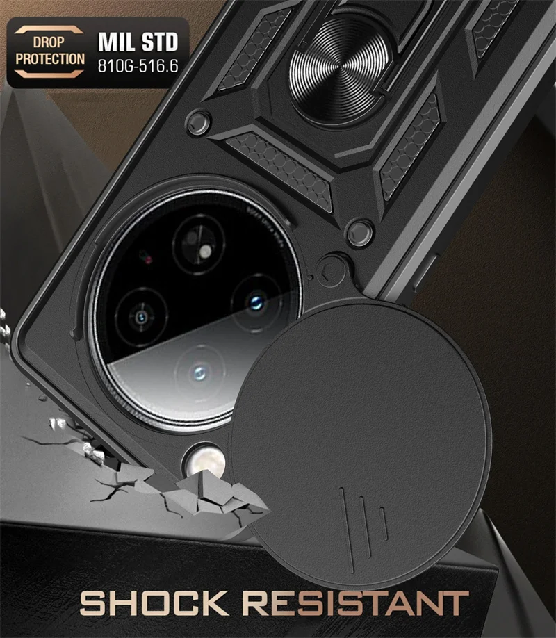 Enhanced Protective Armor Case with Slide Lens Camera Guard and Magnetic Holder Ring Cover