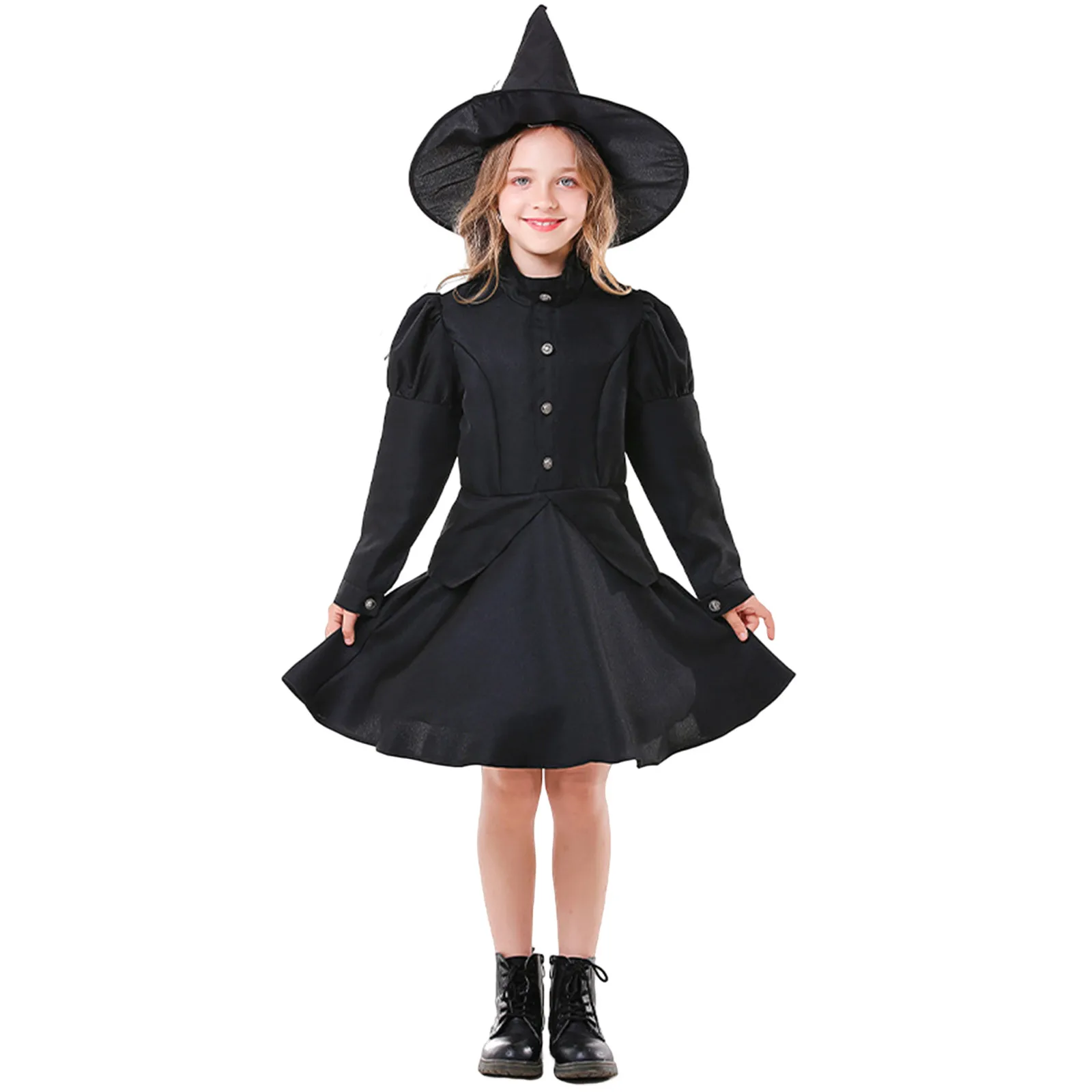 Kids Girls Carnival Halloween Witch Costumes Magic Cosplay Party Stage Black Fancy Dress Hat Outfit Bambini Performance Dress