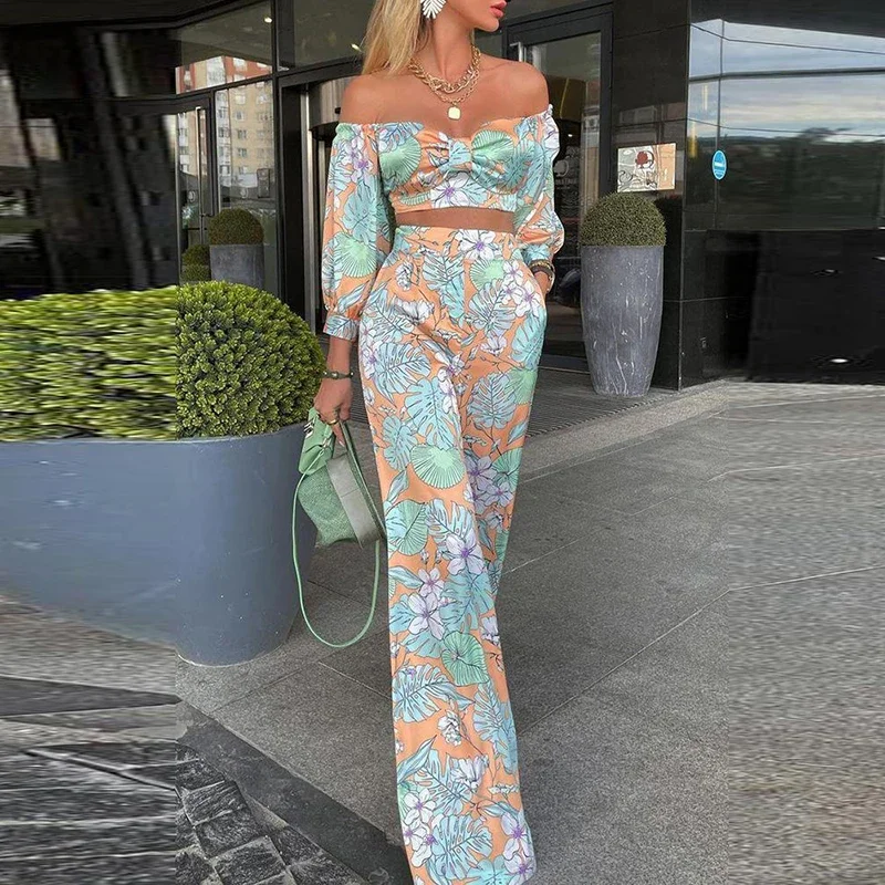 Off Shoulder Women Jumpsuit New Fashion Printed Mid-sleeve Summer Holiday Streetwear Autumn 2 Piece SetsTops +Elegant Long Pants