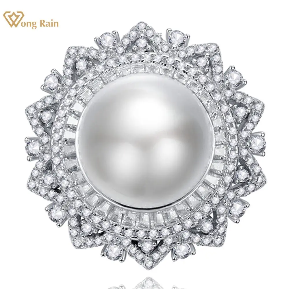 

Wong Rain 18K Gold Plated 925 Sterling Silver 14MM Pearl High Carbon Diamond Gemstone Engagement Jewelry Elegant Ring For Women