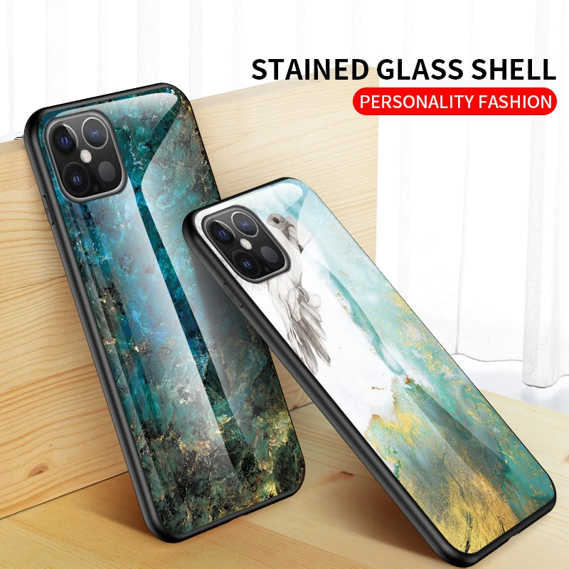 For iPhone13Pro 12 mini 11ProMax SE2020 XR XS X 8 7 Plus 6 6S 5 5S SE phone Case Gradient Marble Tempered Glass Protective Cover phone cases for iphone 12 mini 