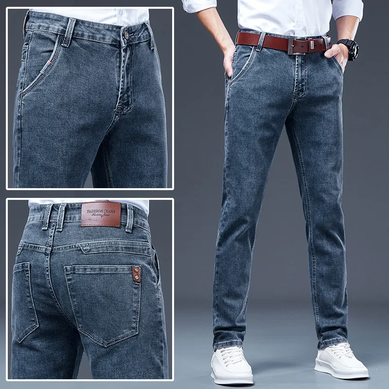 

Korean Jeans Men Slim Straight Casual Pants Men Autumn Winter New Elastic Diagonal Pocket Pants