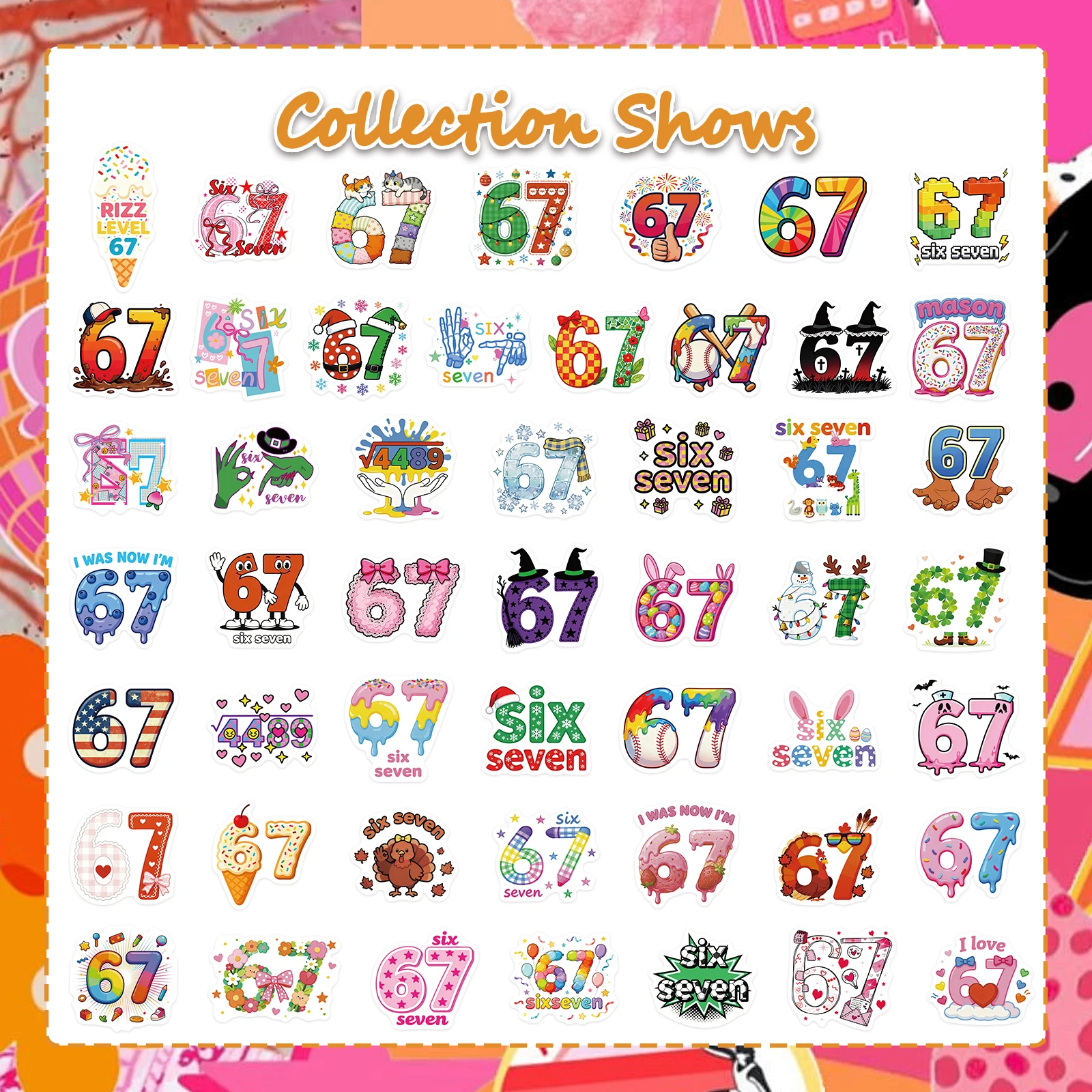 50개입 여섯 번째 일곱 번째 스티커 재미있는 6 7 데칼 방수 비닐 선물 성인 청소년용 전화기 물병 여행가방 노트북 장식