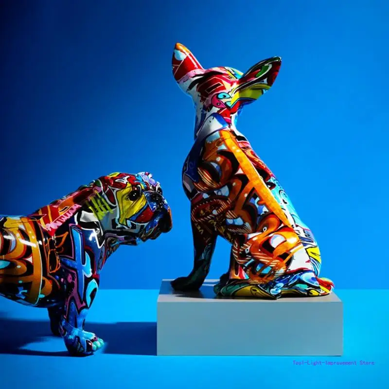 

C63E Modern for Creative Chihuahua Statue Abstract Painted Multicolor Resin Animal Dog Sculpture Decoration