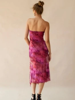 Women Floral Mesh Dress Summer Backless Strapless Split Party Dress for Cocktail Beach Streetwear Aesthetic Clothes 2