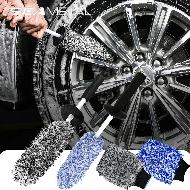 SEAMETAL Car Wash Microfiber Wheel Brush Anti-Slip Super Soft Cleaning Gloves Spoke Accessories