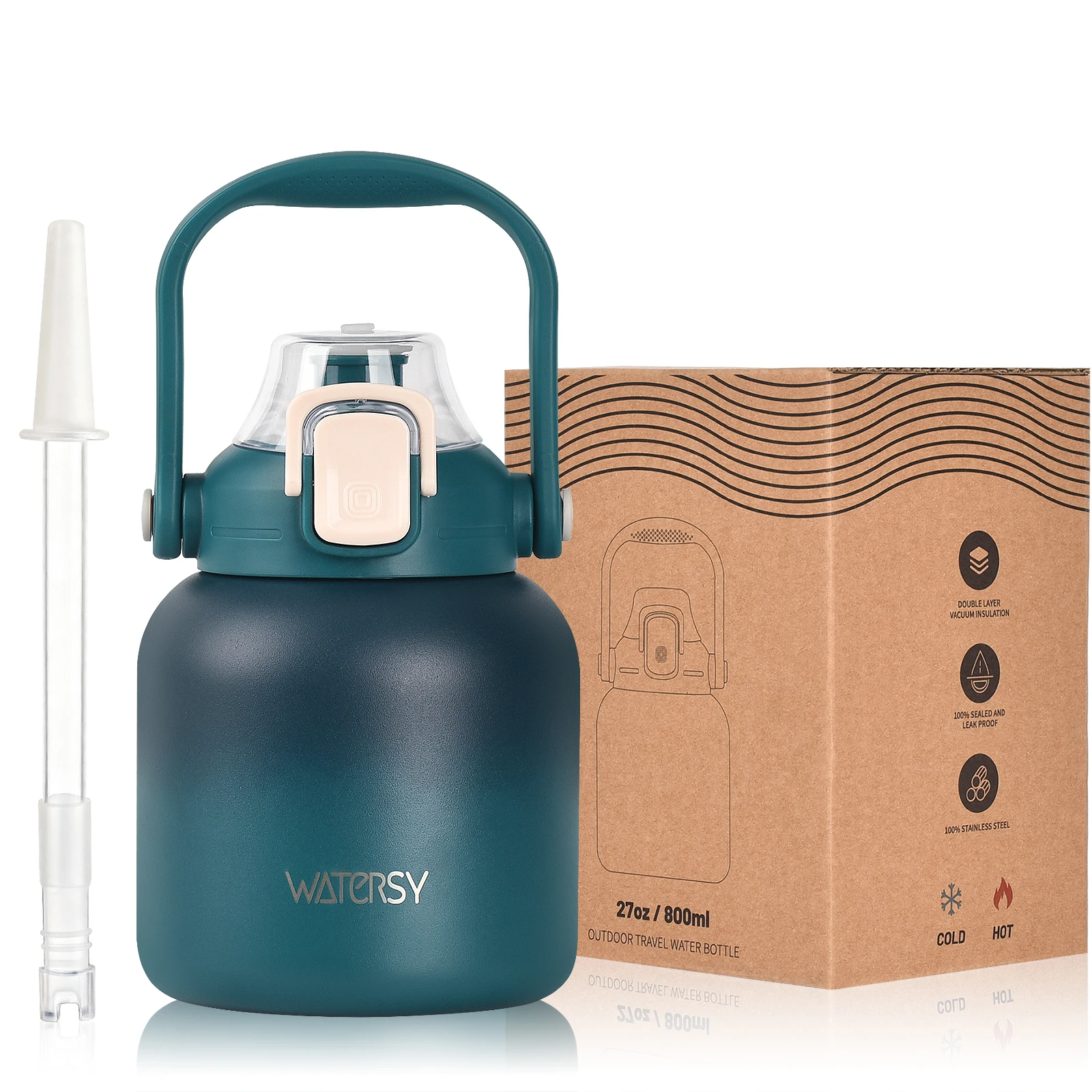 WATERSY 800ml Stainless Steel Water Bottle Double Wall Vacuum Insulated Thermal Cup with Straw & Handle, for Travel Gym Office