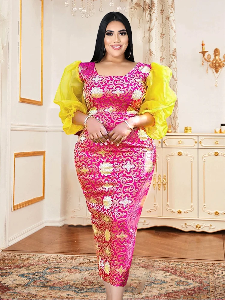 

Pink Printed Dress Plus Size 4XL Lantern Sleeve O Neck Sexy Bodycon Slim Fit Gowns Outfits for Ladies Evening Birthday Party New